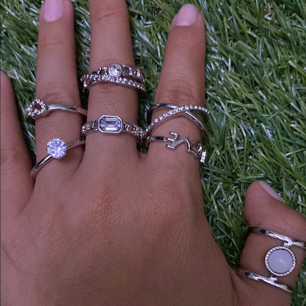 Vintage-Inspired 7 Silver Rings with Intricate Designs set size 8